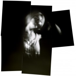 Showing inverted photo of five sheets of 16x20 inch BW paper exposed for 6 minutes inside a camera obscura tent with Deirdre Roycroft performing