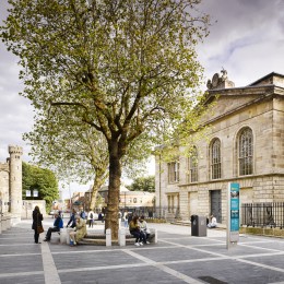 Exterior view of facade showing square and entrance to Kilmainham Hospital