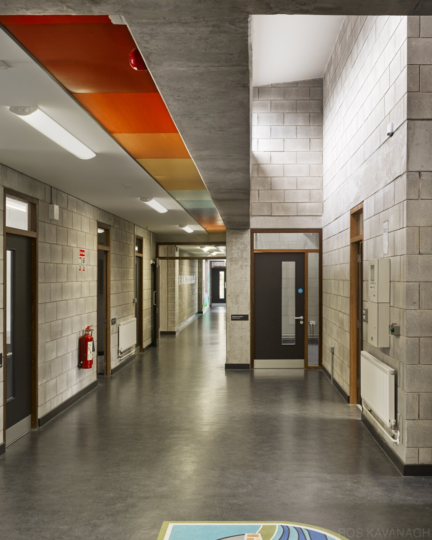 View of corridor showing coloured ceiling panels