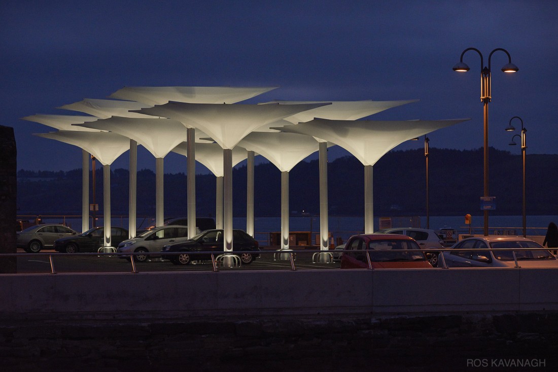 View of umbrellas at dusk