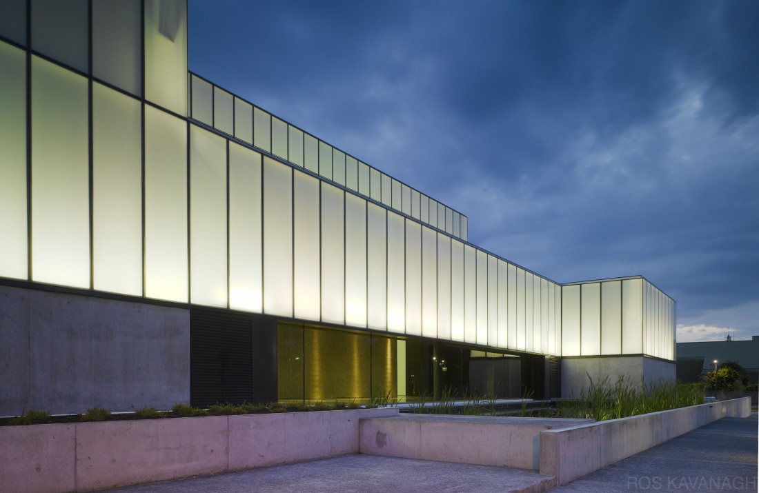 Exterior view of building at dusk